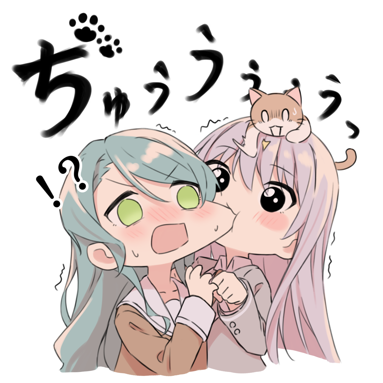kanade (kanade 3344), hikawa sayo, minato yukina, bang dream!, commentary, highres, 2girls, aqua hair, biting, biting cheek, blush, cat, green eyes, grey hair, grey jacket, hanasakigawa school uniform, haneoka school uniform, jacket, long hair, long sleeves, multiple girls, open mouth, sailor collar, school uniform, simple background, white background, white sailor collar