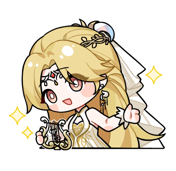 infinity nikki, nikki (series), artist request, official art, 1girl, bare shoulders, bird earrings, blonde hair, blush stickers, bright pupils, brown eyes, chibi, circlet, collared dress, cropped torso, dress, earrings, eyes visible through hair, golden buds (infinity nikki), happy, harp, holding, holding instrument, instrument, jewelry, laurels, long hair, looking at viewer, music, open mouth, outstretched hand, playing instrument, sleeveless, sleeveless dress, smile, solo, sparkle, tareme, transparent background, veil, very long hair, white dress, white pupils, white veil, white wrist cuffs, wrist cuffs