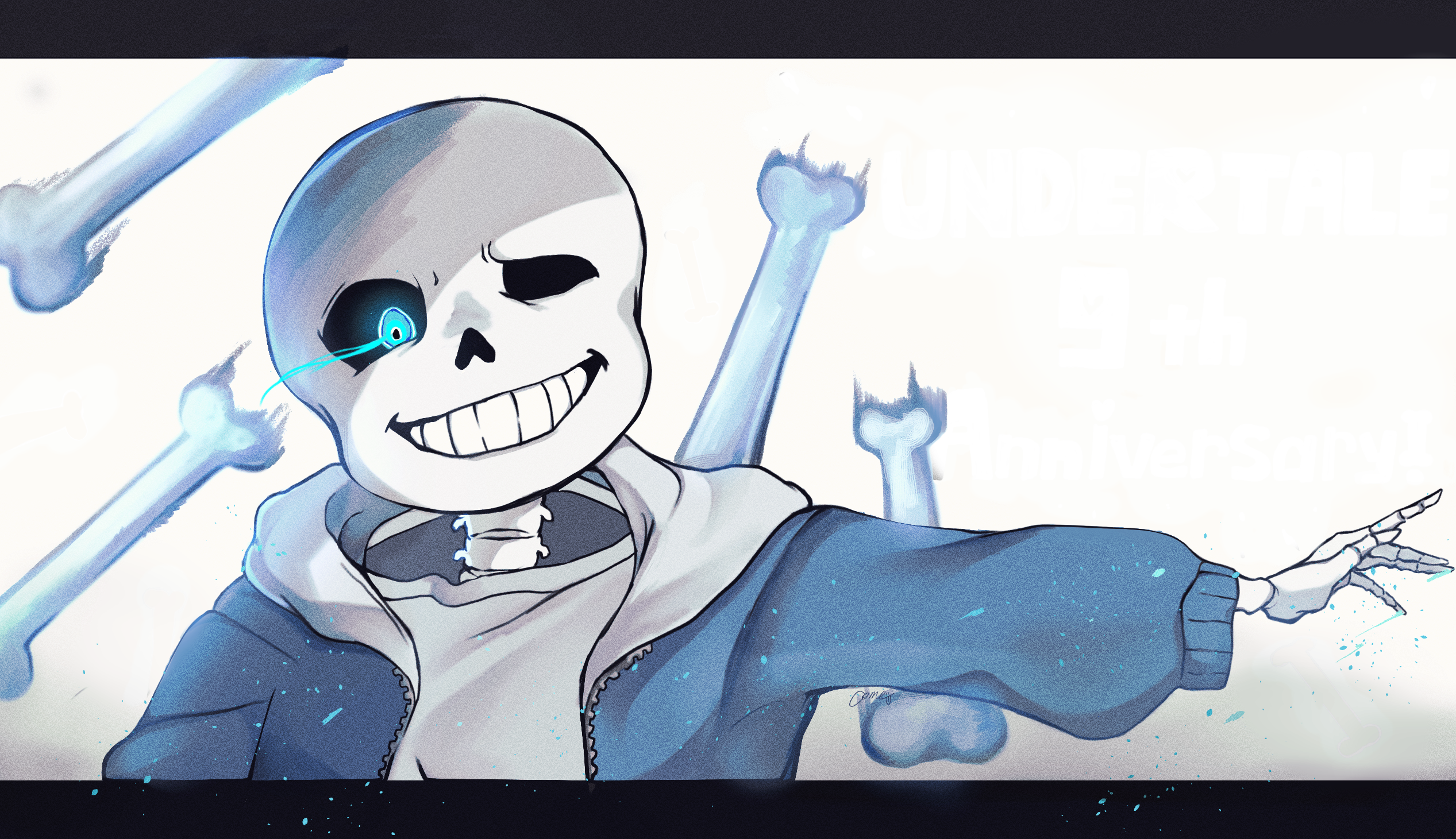 kuru (kurukuru koubou), sans (undertale), undertale, utdr (toby fox), highres, 1boy, blue eyes, blue hoodie, bone, hood, hoodie, looking at viewer, one eye closed, shirt, skeleton, solo, white shirt, zipper