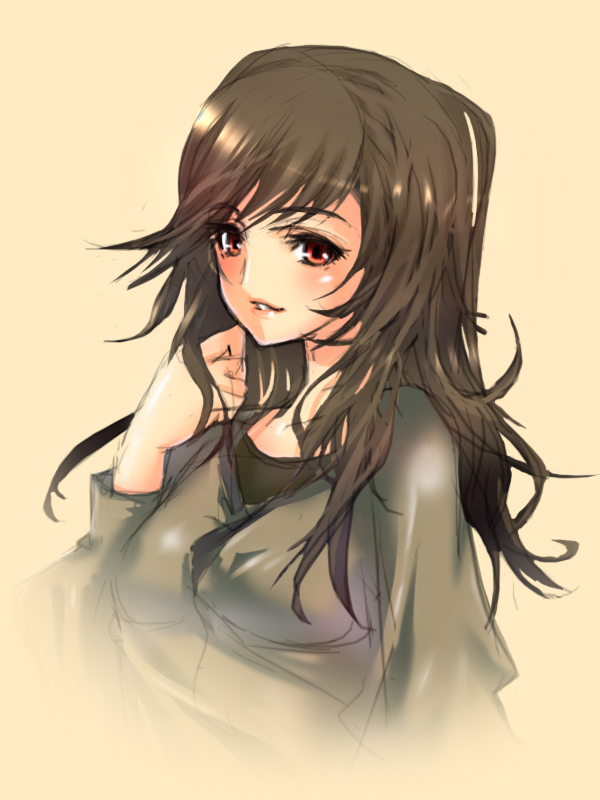 tagme, 1girl, brown hair, female focus, red eyes, sketch, solo