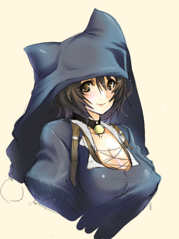 hayama kazusa, bad id, bad pixiv id, 1girl, breasts, brown eyes, brown hair, choker, cleavage, female focus, hat, large breasts, short hair, solo, upper body