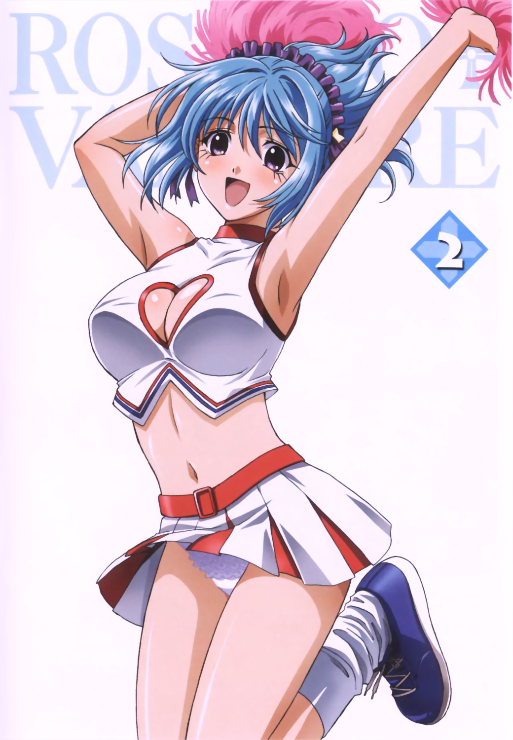 kurono kurumu, rosario+vampire, highres, official art, 00s, 1girl, :d, alternate costume, armpits, arms up, belt, blue hair, blush, breasts, cheerleader, cleavage, cleavage cutout, clothing cutout, copyright name, cover, female focus, heart, heart cutout, jumping, large breasts, legs, looking at viewer, midriff, miniskirt, navel, open mouth, panties, pantyshot, pom pom (cheerleading), purple eyes, shoes, short hair, skirt, smile, sneakers, socks, solo, thighs, turtleneck, underwear, upskirt, white panties, white socks