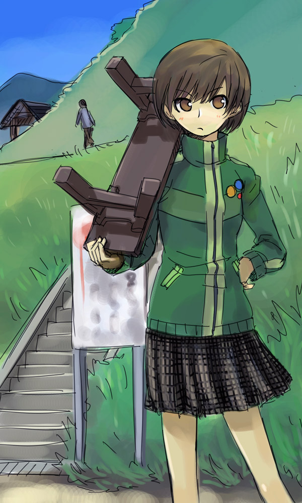 michael f91, satonaka chie, atlus, persona, persona 4, 1girl, bench, brown eyes, brown hair, female focus, jacket, lapel pin, nature, outdoors, plant, short hair, skirt, sky, solo, stairs, standing, track jacket