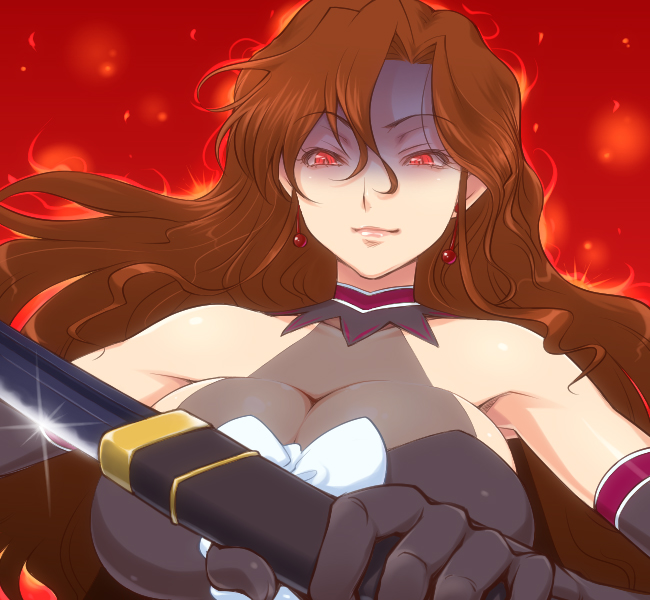 hairu, july (coyote ragtime show), coyote ragtime show, 00s, 1girl, aura, bare shoulders, breasts, brown hair, cleavage, crazy eyes, earrings, elbow gloves, female focus, gloves, jewelry, katana, large breasts, lips, long hair, red eyes, solo, sword, underboob, weapon