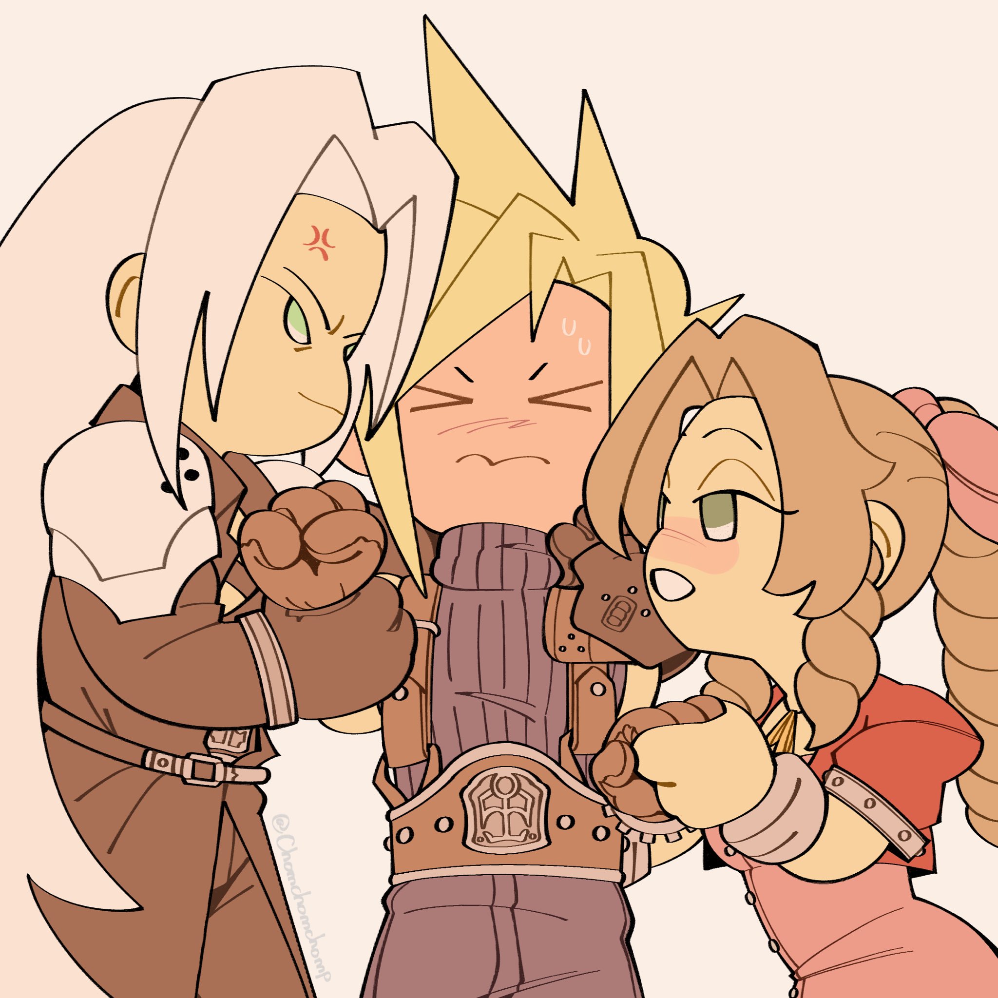 aerith gainsborough, cloud strife, sephiroth, final fantasy, final fantasy vii, highres, > <, 1girl, 2boys, anger vein, armor, armored gloves, bangle, belt, black coat, black gloves, black pants, blonde hair, blue pants, blue shirt, blush, bracelet, braid, braided ponytail, brown belt, brown gloves, brown hair, chibi, chibi only, choker, chomchomchomp, clenched hands, coat, cropped jacket, dress, furrowed brow, gloves, green eyes, grey hair, hair ribbon, half-closed eyes, holding another's wrist, holding hands, jacket, jewelry, long hair, multiple boys, pants, parted bangs, parted lips, pauldrons, pink dress, pink ribbon, red jacket, ribbon, ribbon choker, shirt, short hair, shoulder armor, sidelocks, single braid, single pauldron, sleeveless, sleeveless turtleneck, smile, spiked hair, suspenders, sweatdrop, turtleneck, upper body, white background