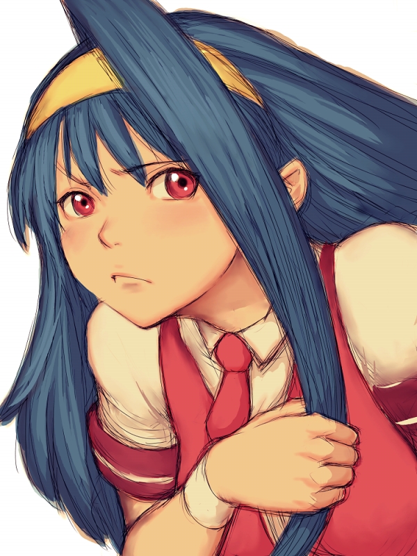 fumio (rsqkr), tsuzura saki, aq interactive, arcana heart, atlus, examu, ahoge, blouse, blue hair, blush, collared shirt, frown, hairband, long hair, necktie, red eyes, shirt, simple background, white background, white shirt, wrist cuffs