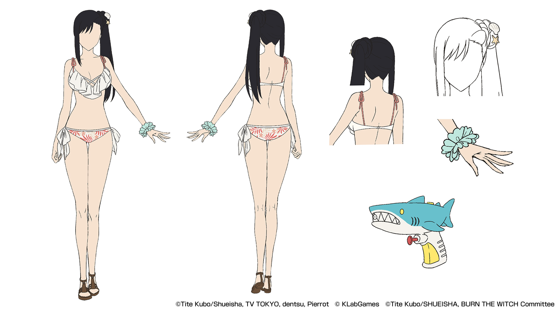 niihashi noel, bleach, bleach: brave souls, burn the witch, concept art, highres, official art, bikini, black hair, breasts, cleavage, long hair, side ponytail, swimsuit