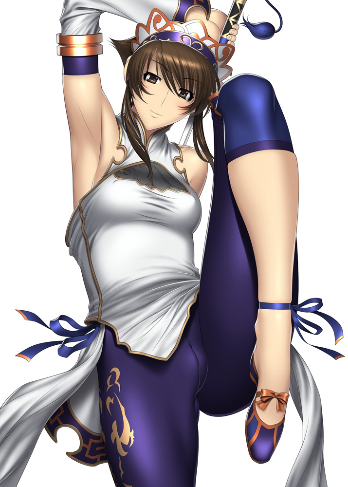 kansuke, chai xianghua, soul calibur, soulcalibur, soulcalibur ii, 1girl, armpits, bare shoulders, brown eyes, brown hair, cameltoe, china dress, chinese clothes, detached sleeves, dress, female focus, jian (weapon), leg lift, looking at viewer, skin tight, smile, solo, sword, weapon