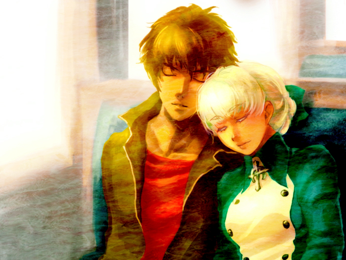 tamachi kuwa, alice elliot, yuri hyuga, shadow hearts, eyebrows, 1boy, 1girl, blunt bangs, brown hair, buttons, closed eyes, closed mouth, colored eyelashes, cross, jacket, leaning on person, leaning to the side, long hair, long sleeves, sitting, sleeping, upper body, white hair
