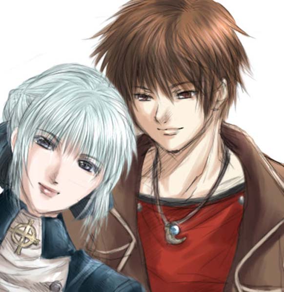 wari, wari (tyutyuna), alice elliot, yuri hyuga, shadow hearts, bad id, bad pixiv id, 1boy, 1girl, androgynous, blue bow, blue eyes, blue ribbon, bow, brown eyes, brown hair, closed mouth, coat, collarbone, cross, facing another, facing viewer, gem, hair bow, hair ornament, hair ribbon, happy, height difference, jacket, jewelry, looking at another, looking at viewer, necklace, pendant, red shirt, ribbon, shirt, short hair, simple background, smile, upper body, white background, white hair