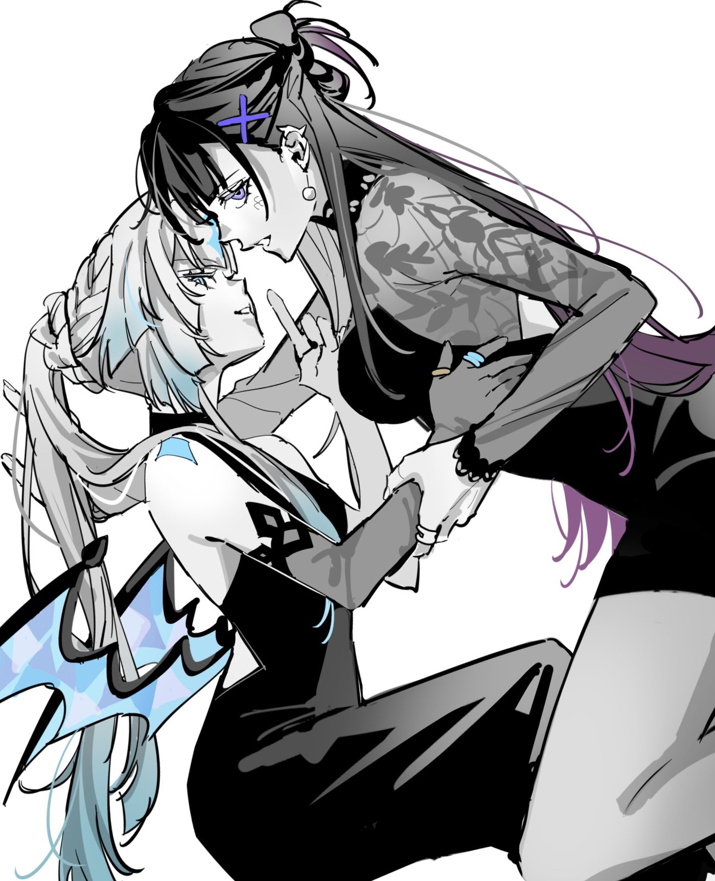 star23no, cerydra (honkai: star rail), hysilens (honkai: star rail), honkai: star rail, honkai (series), commentary, hashtag-only commentary, highres, 2girls, blue eyes, blue streaks, dress, earclip, earrings, elbow gloves, gloves, greyscale, hand on another's waist, holding another's wrist, index finger raised, jewelry, long hair, looking at viewer, low wings, monochrome, multiple girls, parted lips, purple eyes, purple streaks, scales, spot color, wings, yuri