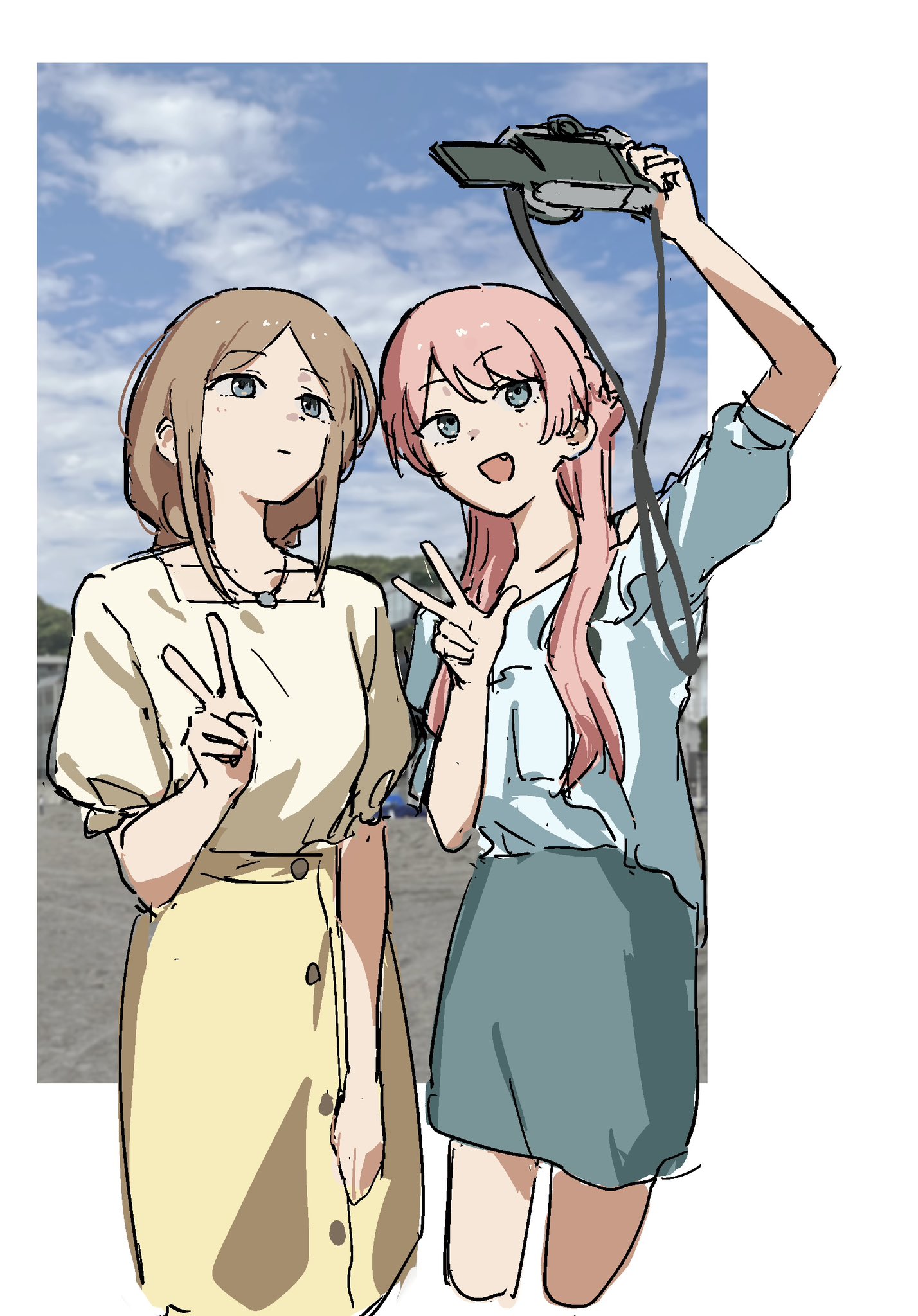 matarasu (aaaaaaaaj), chihaya anon, nagasaki soyo, bang dream!, bang dream! it's mygo!!!!!, commentary, highres, 2girls, blue shirt, blue skirt, blush, braid, brown hair, brown shirt, camera, closed mouth, fang, grey eyes, half up braid, holding, holding camera, long hair, multiple girls, open mouth, photo background, pink hair, selfie, shirt, short sleeves, sidelocks, skirt, v, w, yellow skirt