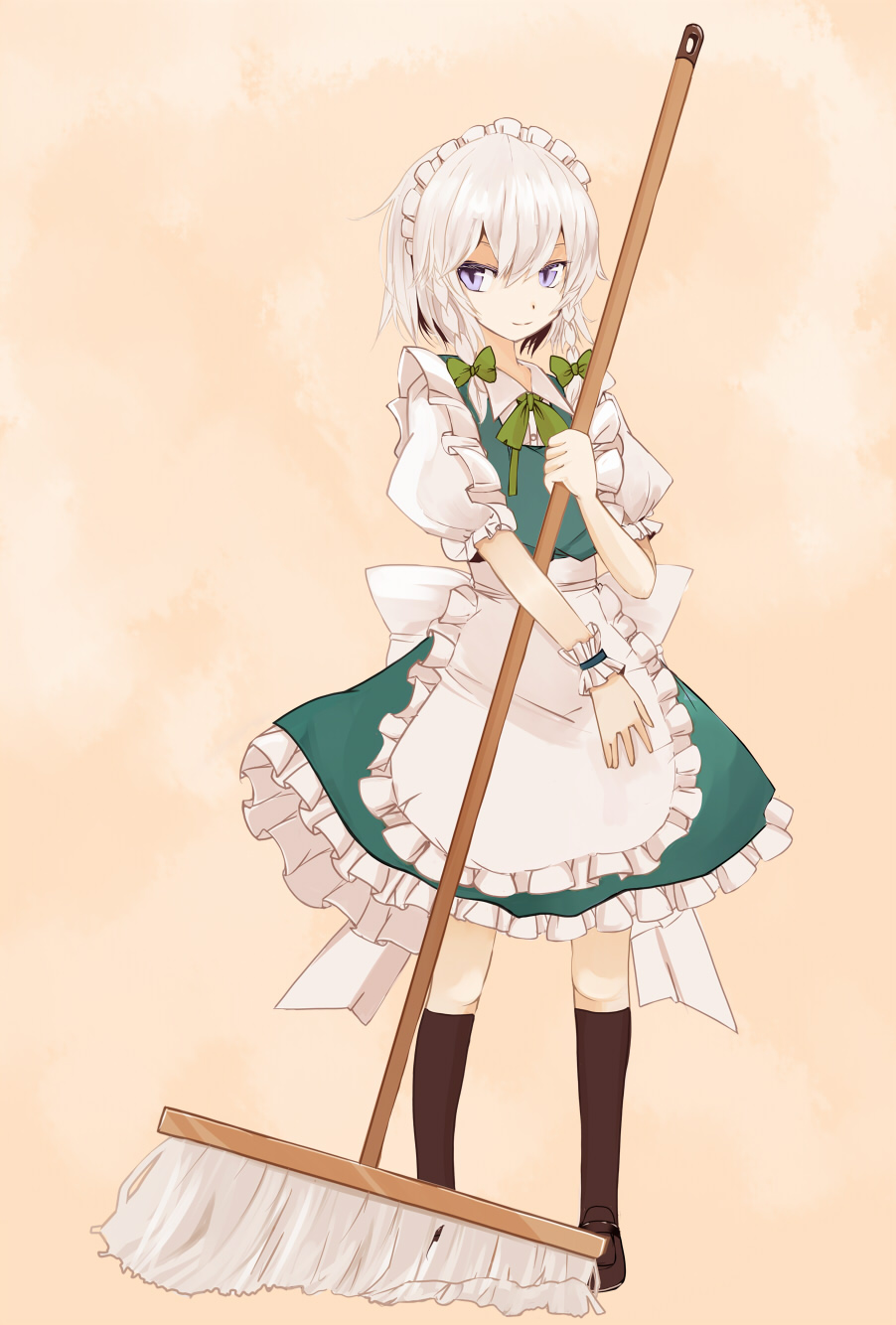 takaharu, izayoi sakuya, touhou, highres, 1girl, blue eyes, braid, broom, child, cleaning, dress, female focus, frills, full body, gradient background, hairband, maid, ribbon, short hair, solo, white hair