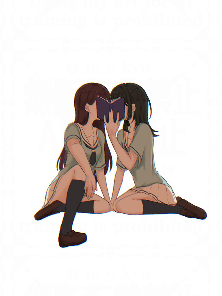 shiina taki, yahata umiri, bang dream!, bang dream! it's mygo!!!!!, commentary request, 2girls, black hair, black socks, blue neckerchief, blue shirt, brown hair, brown shoes, hanasakigawa school uniform, kiss, kneehighs, loafers, long hair, m u kyu, multiple girls, neckerchief, pleated skirt, school uniform, serafuku, shirt, shoes, short sleeves, simple background, skirt, socks, white background, white skirt, yuri