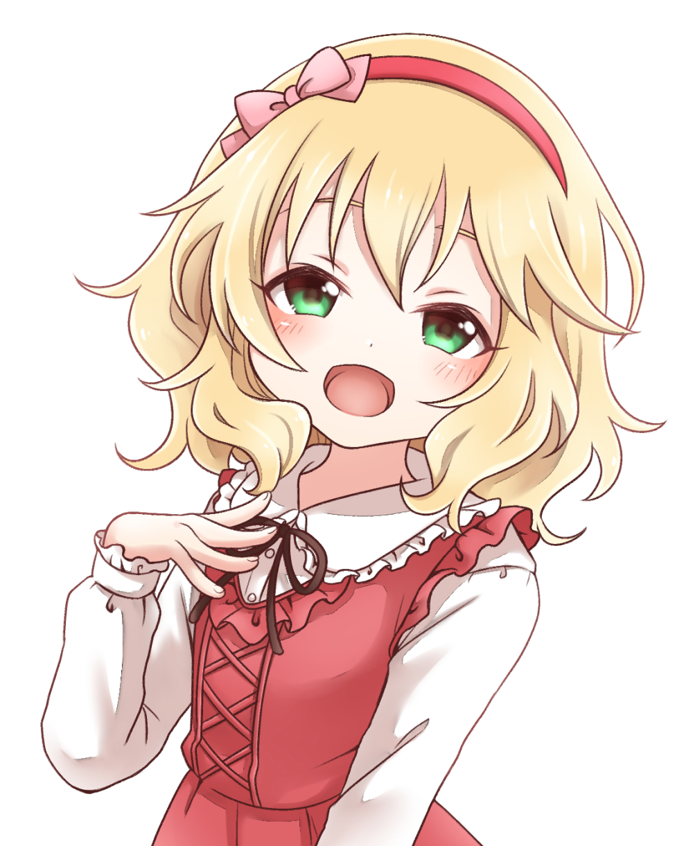maka073, sakurai momoka, idolmaster, idolmaster cinderella girls, highres, 1girl, blonde hair, bow, dot nose, dress, green eyes, hair between eyes, hairband, long sleeves, looking at viewer, open mouth, red bow, red hairband, shirt, short hair, simple background, solo, upper body, white background, white shirt