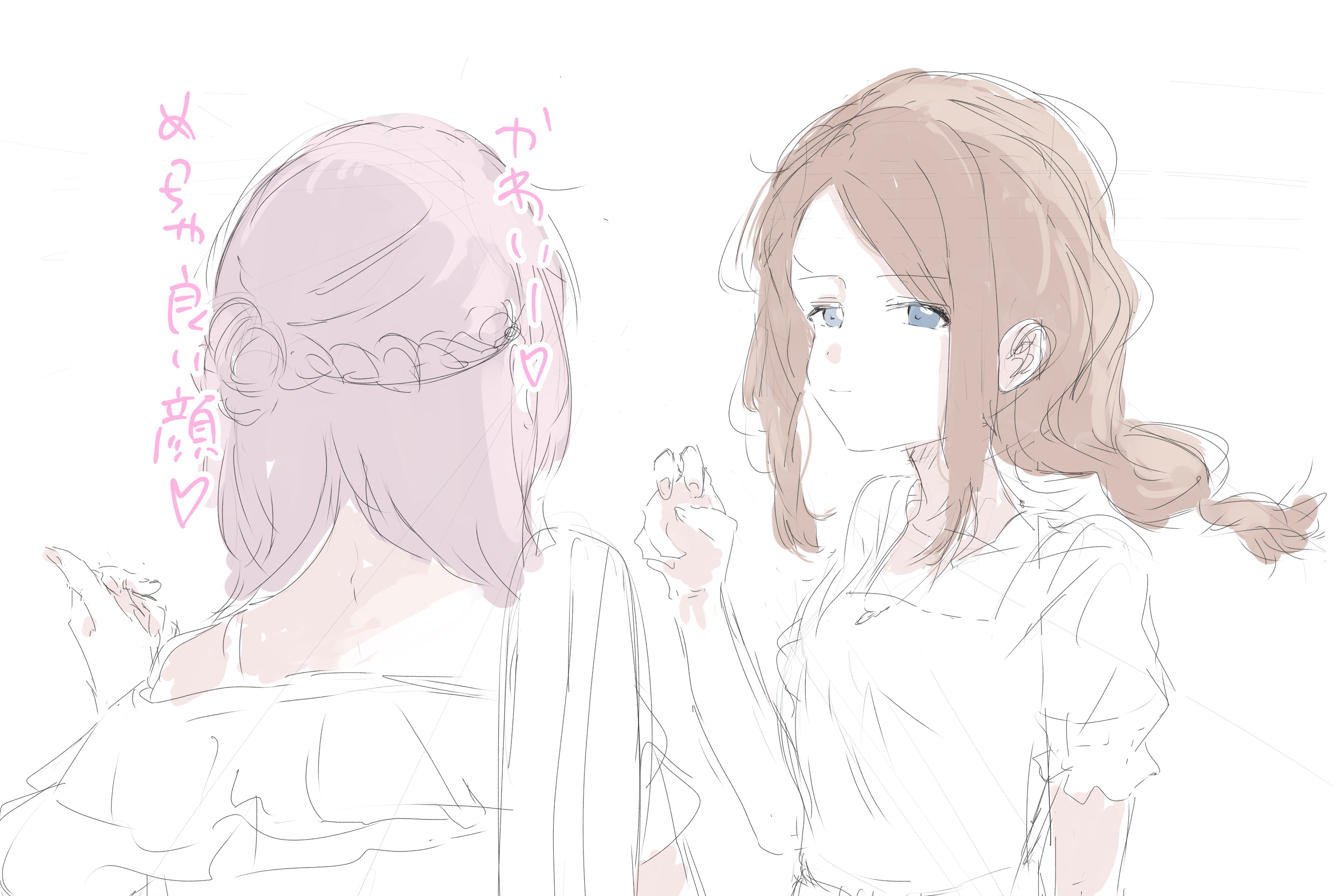 kusakayosituki1, chihaya anon, nagasaki soyo, bang dream!, bang dream! it's mygo!!!!!, absurdres, commentary, highres, translation request, 2girls, blue eyes, braid, brown hair, half up braid, long hair, multiple girls, nape, pink hair, shirt, short sleeves, sidelocks, simple background, single braid, upper body, v, white background, white shirt