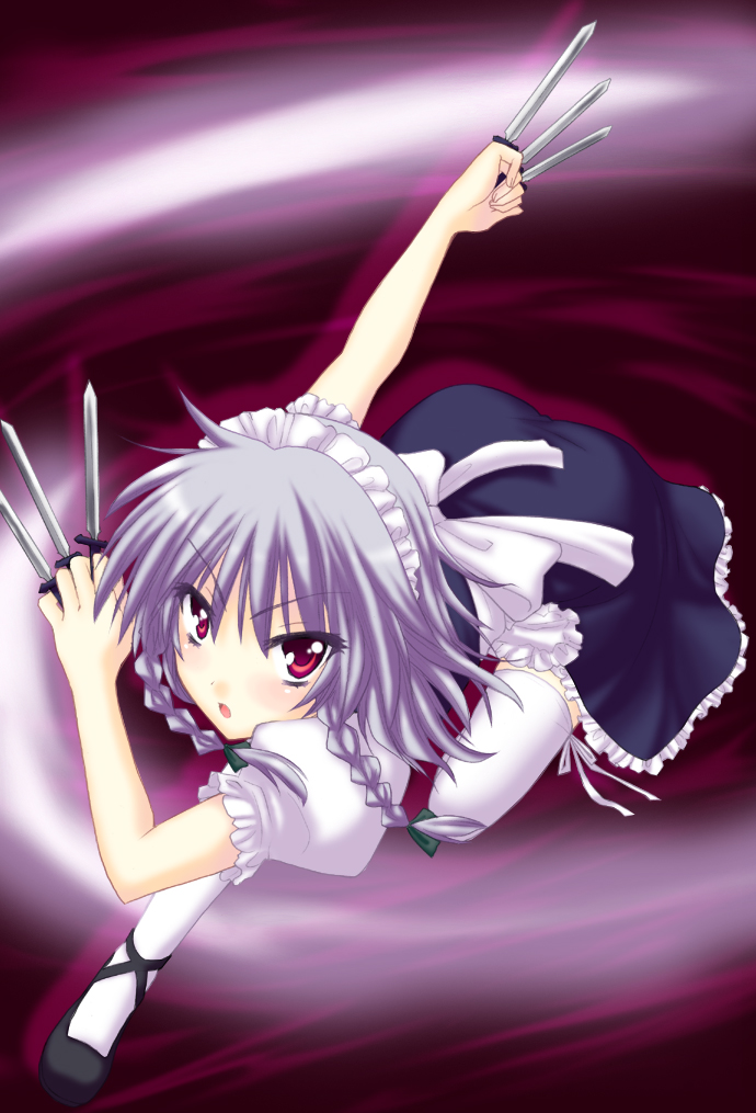 saki chisuzu, izayoi sakuya, touhou, 1girl, between fingers, female focus, holding, knife, maid, ribbon, short hair, solo, throwing knife, weapon