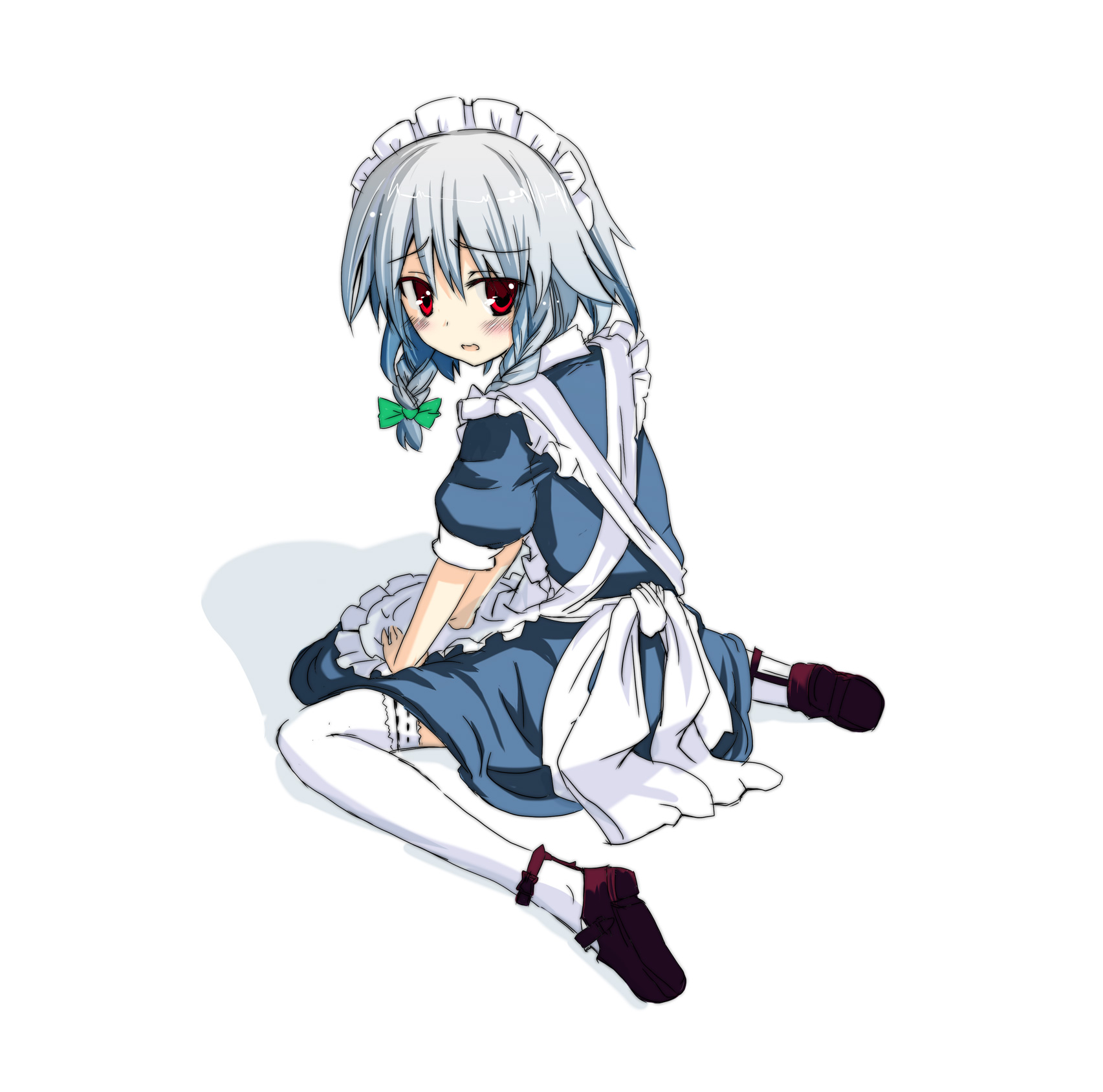 gotyou, izayoi sakuya, touhou, bad id, bad pixiv id, highres, 1girl, blush, braid, dress, female focus, full body, kneeling, looking back, maid, red eyes, ribbon, short hair, simple background, solo, white background