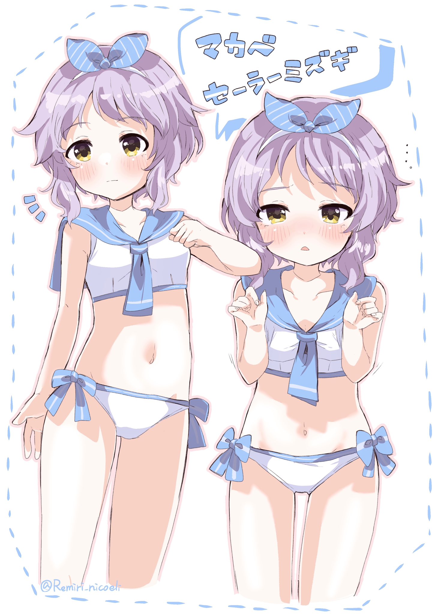 remiri nicoeli, koshimizu sachiko, idolmaster, idolmaster cinderella girls, highres, 1girl, bare arms, bikini, blush, breasts, closed mouth, collarbone, looking at viewer, multiple girls, navel, open mouth, purple hair, sailor collar, short hair, simple background, small breasts, solo focus, standing, swimsuit, white background, white bikini, yellow eyes
