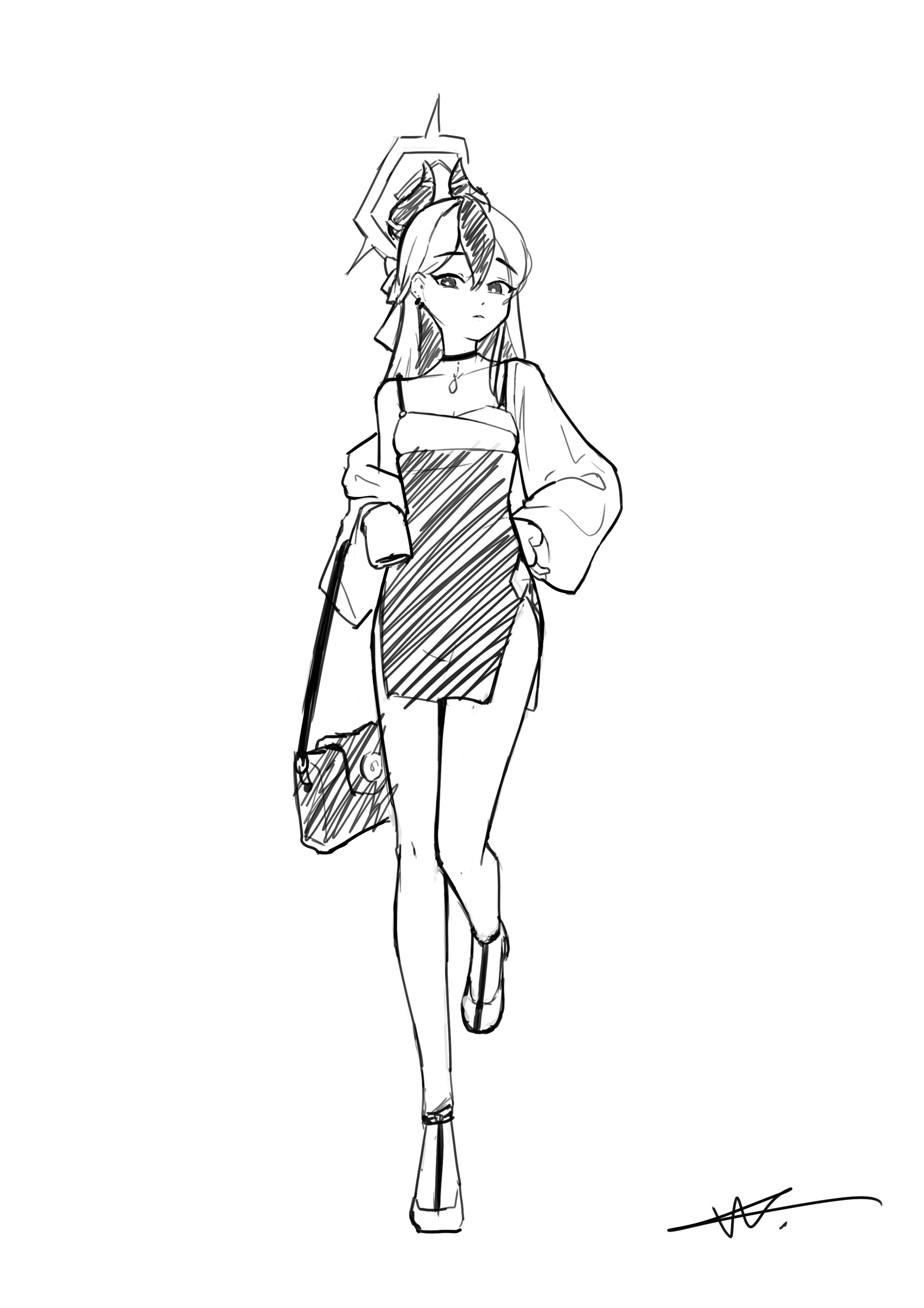 shuni valentine, kayoko (blue archive), kayoko (dress) (blue archive), blue archive, absurdres, commentary, highres, 1girl, bag, bare shoulders, breasts, choker, closed mouth, collarbone, dress, greyscale, hair between eyes, halo, handbag, horns, jacket, long hair, long sleeves, looking at viewer, monochrome, multicolored hair, off shoulder, open clothes, open jacket, puffy long sleeves, puffy sleeves, shoes, signature, simple background, sleeveless, sleeveless dress, small breasts, solo, standing, standing on one leg, two-tone hair, white background