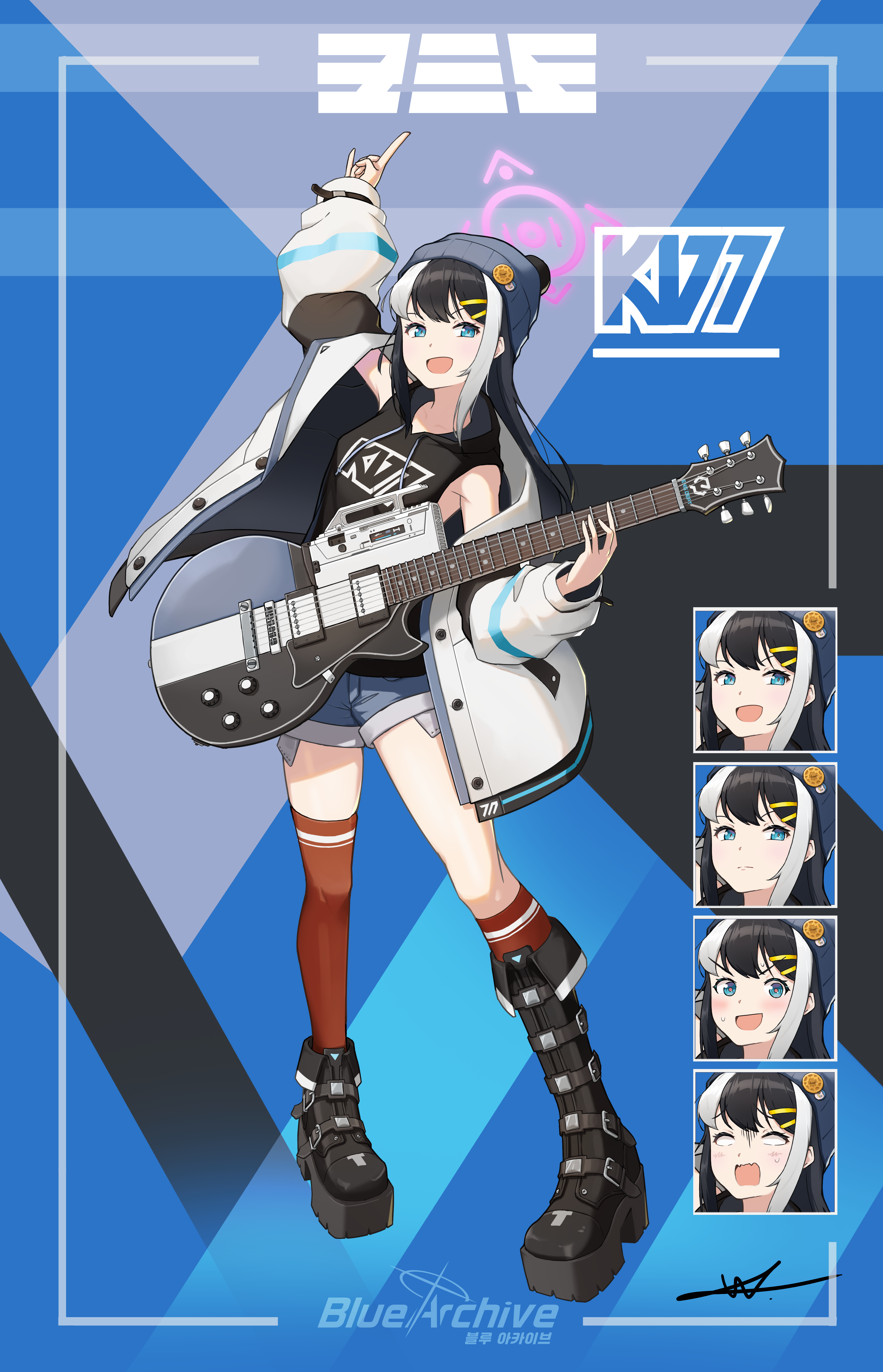 shuni valentine, blue archive, original, absurdres, commentary, english commentary, highres, 1girl, :d, asymmetrical footwear, asymmetrical legwear, bare shoulders, beanie, black boots, black hair, black hoodie, blank eyes, blue eyes, blue shorts, boots, brown socks, brown thighhighs, closed mouth, denim, denim shorts, drawstring, electric guitar, fold-over boots, grey hair, grey hat, guitar, hair ornament, hairclip, halo, hat, holding, holding instrument, hood, hood down, hoodie, instrument, jacket, kneehighs, long hair, long sleeves, multicolored hair, multiple expressions, multiple views, open clothes, open jacket, open mouth, puffy long sleeves, puffy sleeves, short shorts, shorts, signature, single kneehigh, single sock, single thighhigh, sleeveless, sleeveless hoodie, sleeves past wrists, smile, socks, standing, streaked hair, thighhighs, v-shaped eyebrows, very long hair, white jacket