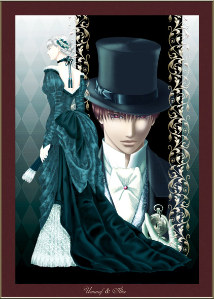 alice elliot, yuri hyuga, shadow hearts, brown hair, hat, red eyes