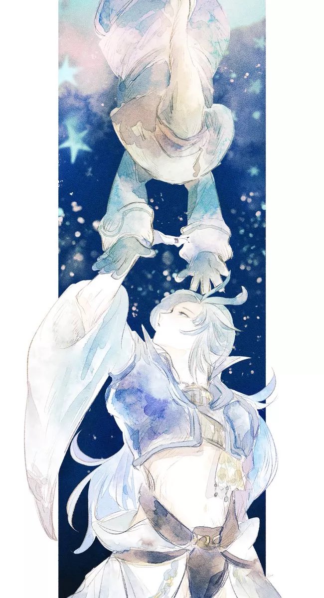 asumi chikyuu, black mage (final fantasy), kuja, vivi ornitier, final fantasy, final fantasy ix, highres, 2boys, blue background, blue coat, border, coat, codpiece, cropped jacket, feather hair ornament, feathers, grey hair, hair ornament, hat, jacket, long hair, male focus, midriff, multiple boys, outstretched arms, parted bangs, pillarboxed, purple jacket, upper body, white border, white sleeves, wizard hat