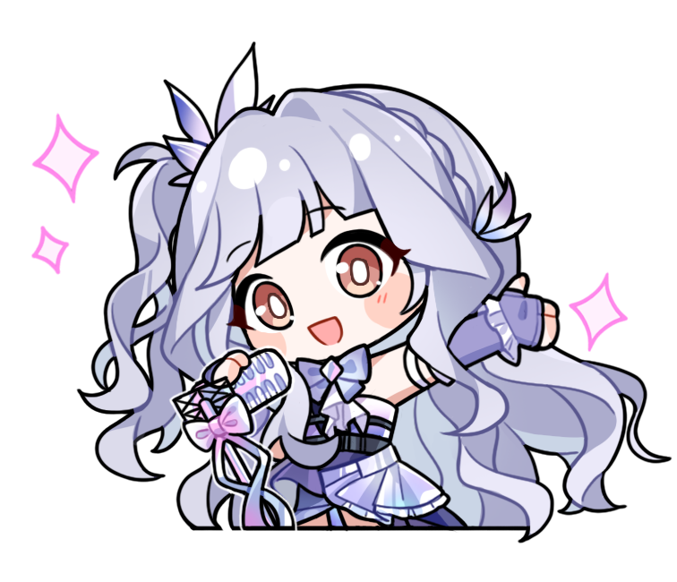 infinity nikki, nikki (series), artist request, official art, 1girl, armlet, asymmetrical skirt, bare shoulders, belt, belt buckle, black belt, blunt bangs, blush stickers, bow, bowtie, braid, bright pupils, brooch, brown eyes, buckle, cropped legs, crown braid, diamond brooch, elbow gloves, eyelashes, frilled gloves, frilled skirt, frills, gloves, grey hair, hair intakes, hair ornament, happy, holding, holding microphone, idol, jewelry, layered skirt, long hair, looking at viewer, medium skirt, microphone, microphone stand, music, one side up, open mouth, outstretched arm, pink bow, pleated skirt, purple bow, purple bowtie, purple gloves, purple shirt, purple skirt, shirt, singing, skirt, smile, solo, sparkle, standing, starry nocturne (infinity nikki), strapless, strapless shirt, tareme, transparent background, very long hair, wavy hair, white pupils, wing hair ornament