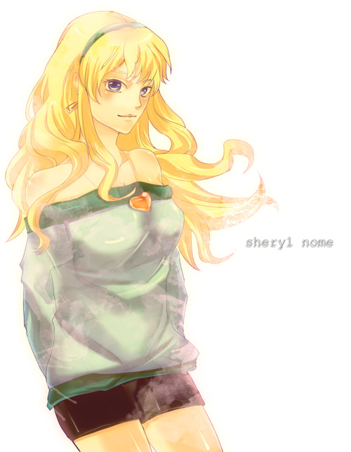 sheryl nome, macross, macross frontier, 00s, bare shoulders, blonde hair, blue eyes, blush, earrings, heart, jewelry, long hair, solo