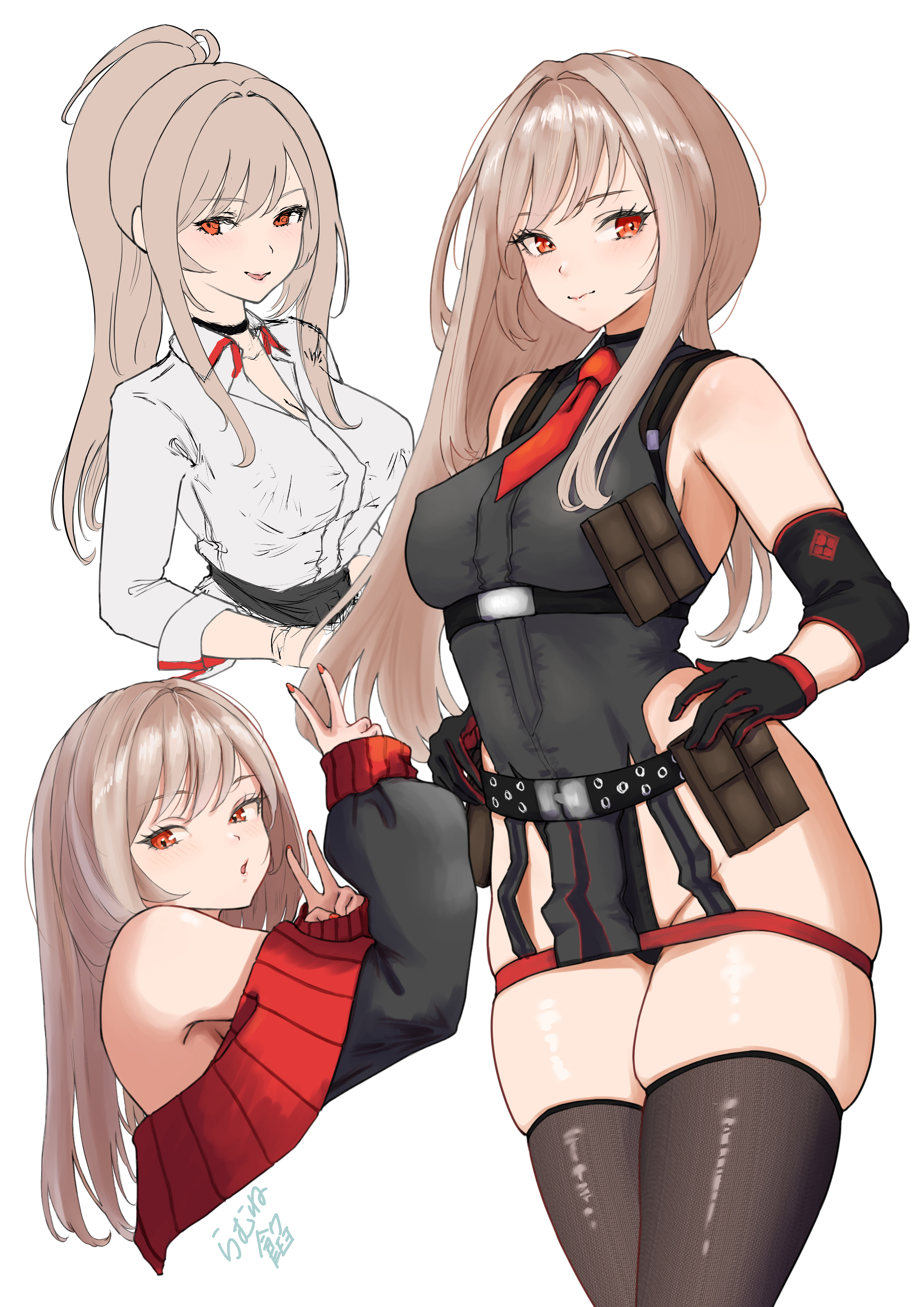 ramuneogura, rapi (nikke), goddess of victory: nikke, absurdres, highres, 1girl, arm pouch, bare shoulders, black skirt, blush, breasts, brown hair, business suit, collared leotard, collared shirt, formal clothes, gloves, jacket, large breasts, long hair, looking at viewer, multiple views, necktie, office lady, open mouth, pencil skirt, red eyes, red necktie, shirt, shirt tucked in, skirt, skirt suit, smile, solo, suit, thighhighs, thighs, two-tone gloves, white shirt