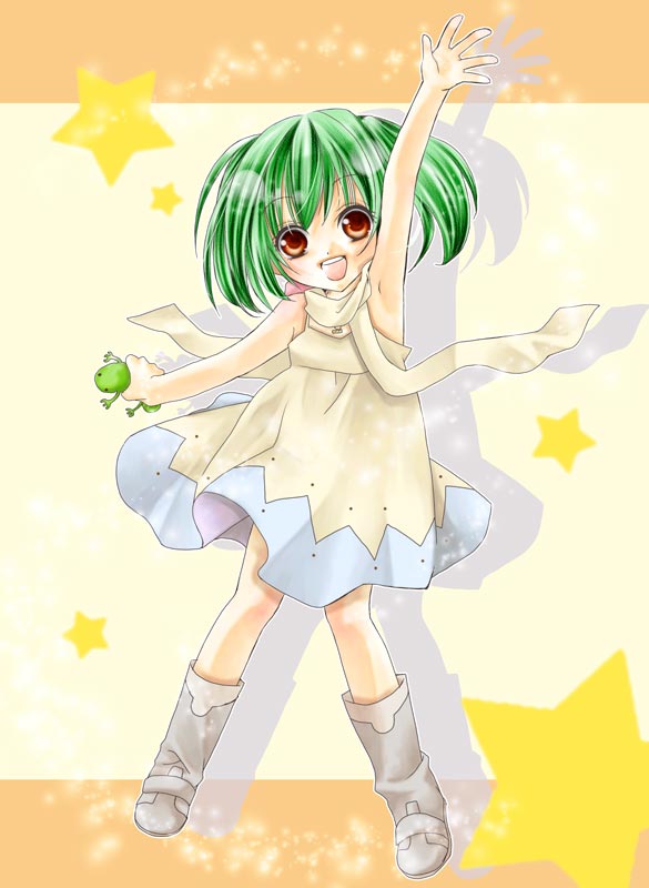 suzumori ayato, ranka lee, macross, macross frontier, bad id, bad pixiv id, 00s, 1girl, aged down, child, female focus, green hair, red eyes, short hair, solo, star (symbol)