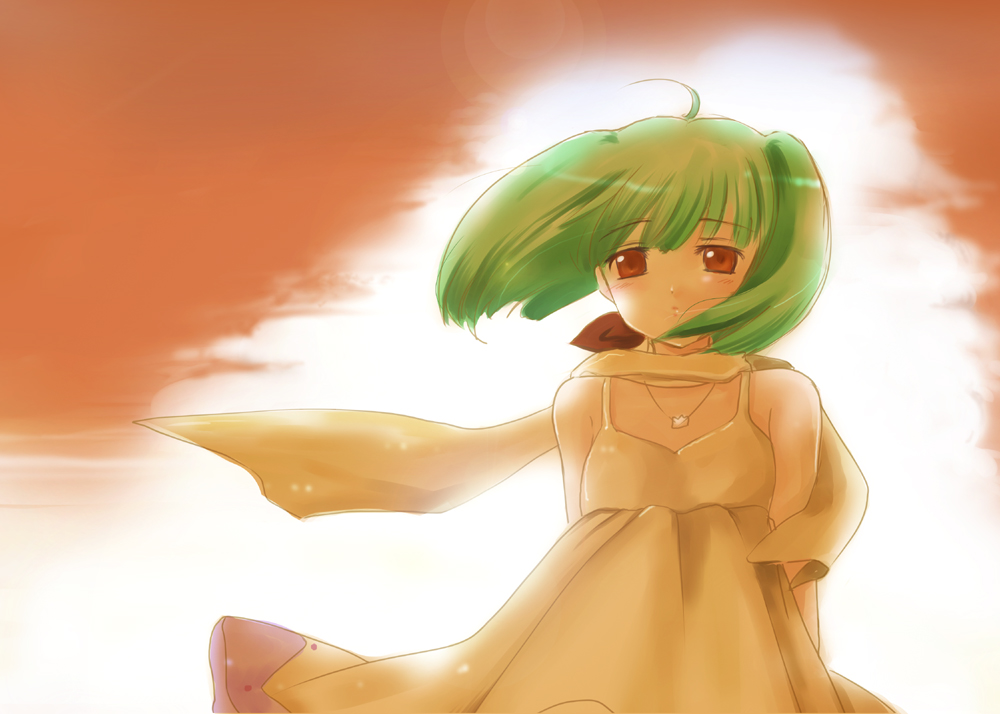 megi (artist), yumegi atsuki, ranka lee, macross, macross frontier, bad id, bad pixiv id, md5 mismatch, 00s, 1girl, ahoge, blush, female focus, green hair, red eyes, short hair, sky, solo, wind