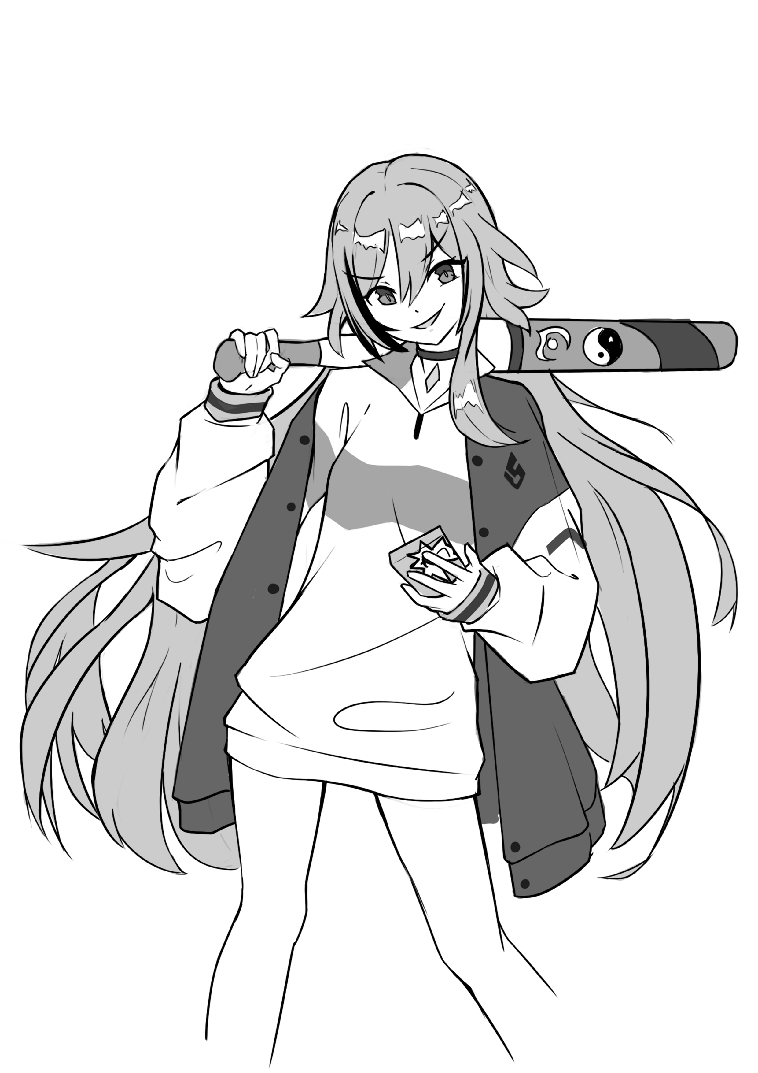 shuni valentine, herrscher of sentience, honkai (series), honkai impact 3rd, absurdres, commentary, highres, 1girl, baseball bat, choker, cropped legs, greyscale, hair between eyes, head tilt, holding, holding baseball bat, jacket, letterman jacket, long hair, long sleeves, looking at viewer, monochrome, multicolored hair, open clothes, open jacket, parted lips, puffy long sleeves, puffy sleeves, shirt, simple background, smile, solo, standing, streaked hair, very long hair, white background, yin yang