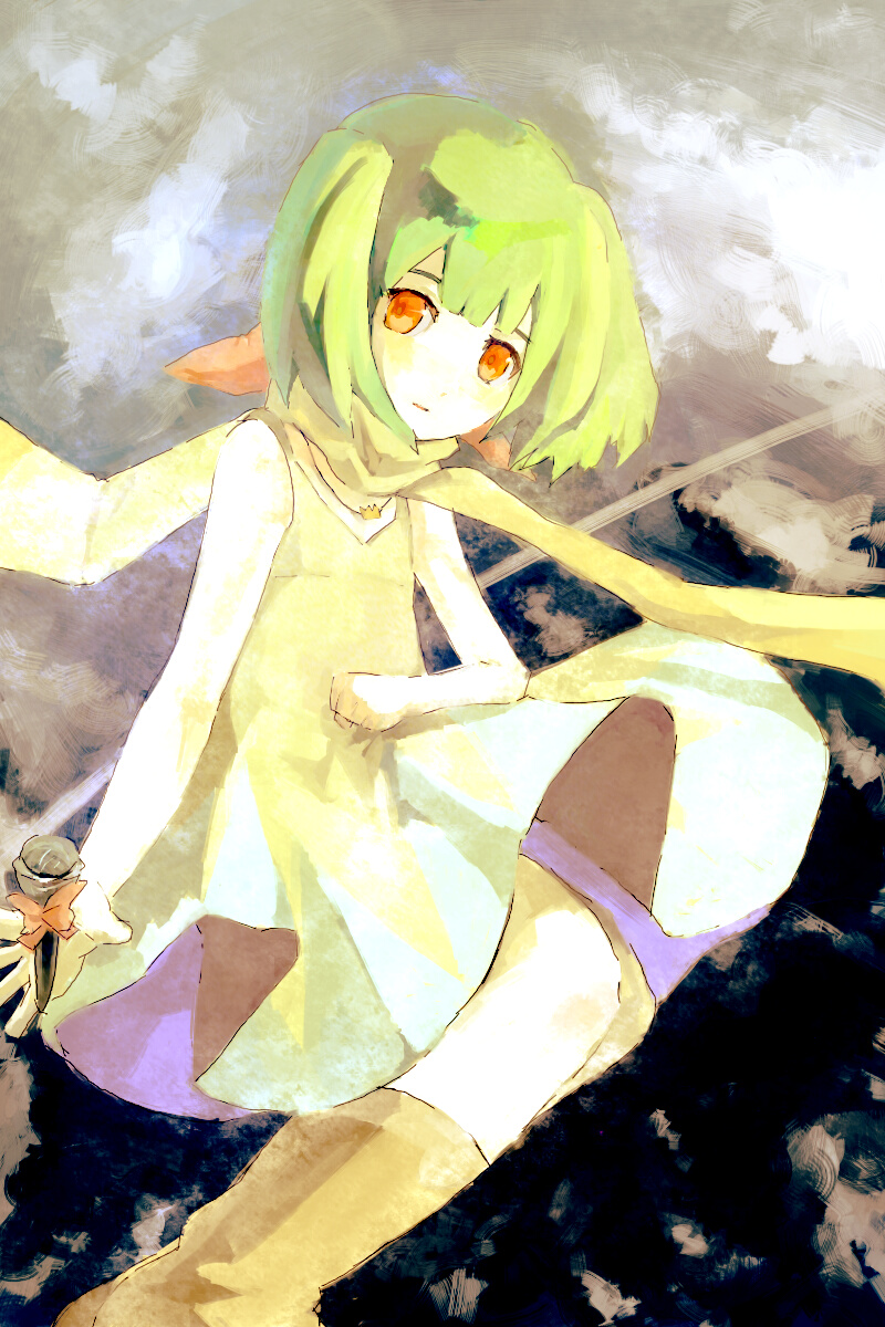 yuuki keisuke, ranka lee, macross, macross frontier, bad id, bad pixiv id, highres, 00s, dress, green hair, microphone, orange eyes, red eyes, short hair, solo