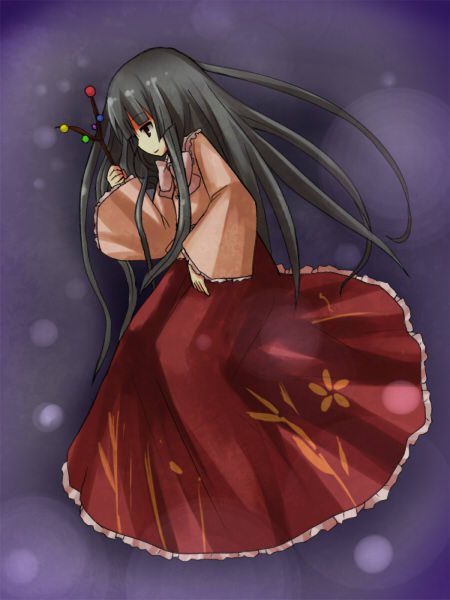 yuzuki (yuduame), houraisan kaguya, touhou, 1girl, blouse, bow, bowtie, branch, female focus, from behind, from side, full body, holding, long skirt, long sleeves, pink bow, pink bowtie, profile, red skirt, shirt, skirt, solo
