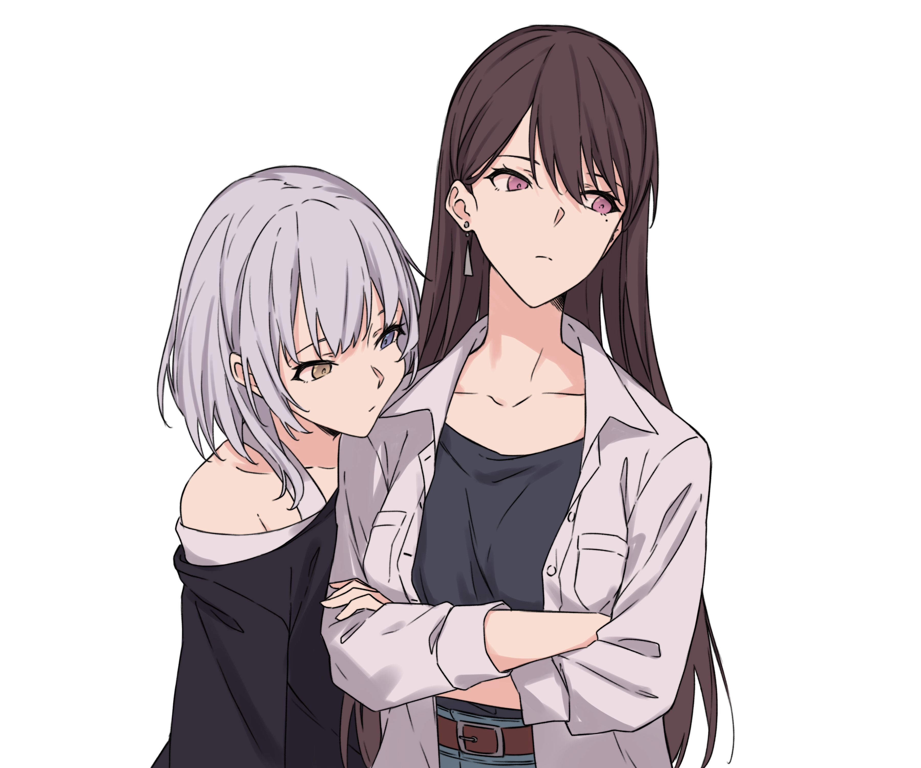 kanade (kanade 3344), kaname raana, shiina taki, bang dream!, bang dream! it's mygo!!!!!, absurdres, commentary, highres, 2girls, black shirt, blue eyes, brown hair, closed mouth, collarbone, crossed arms, earrings, head on another's shoulder, heterochromia, jacket, jewelry, long hair, long sleeves, medium hair, multiple girls, off shoulder, open clothes, open jacket, purple eyes, shirt, simple background, single earring, white background, white hair, white jacket, yellow eyes