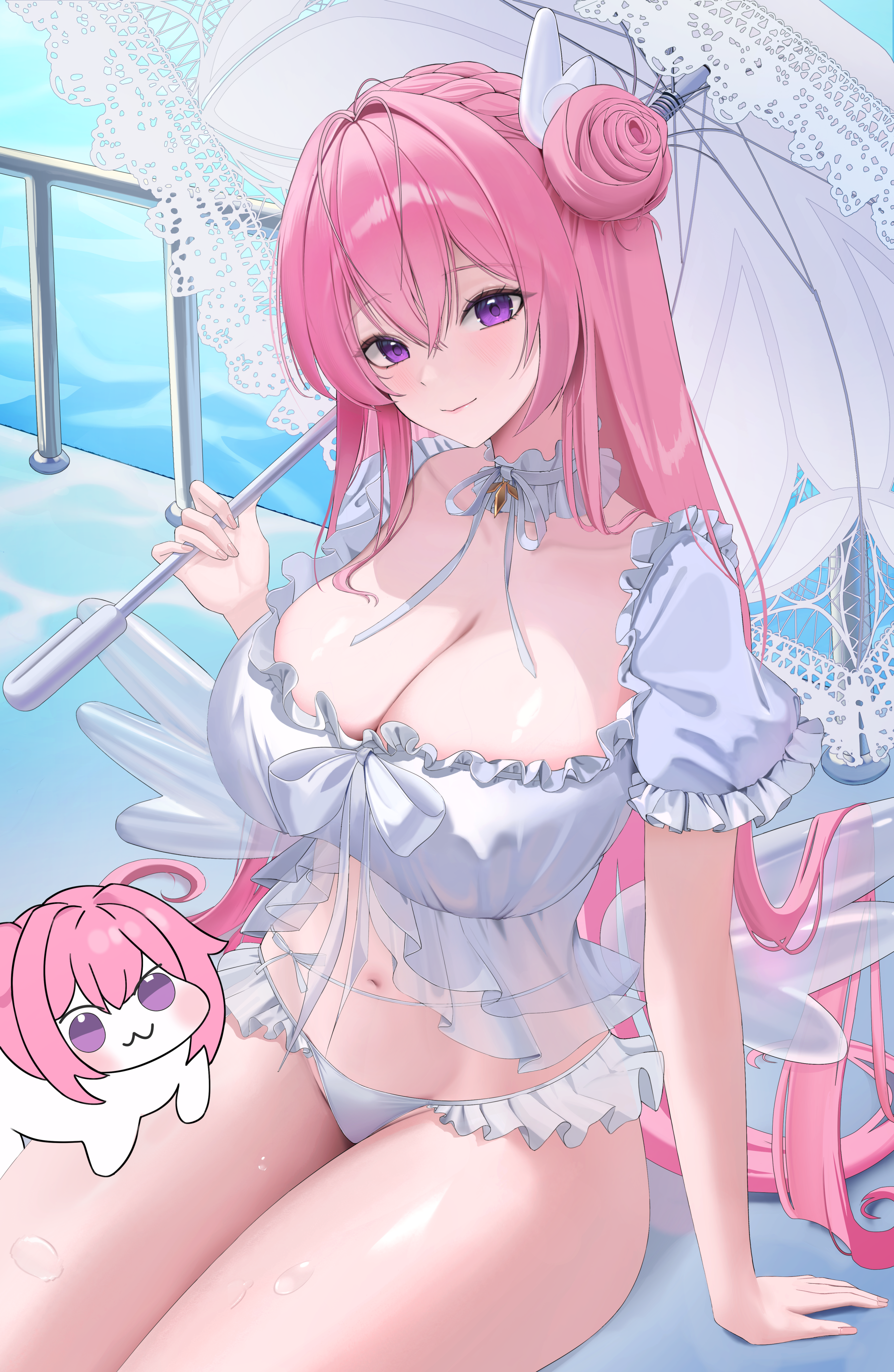 hing (pixiv 93969166), doro (nikke), dorothy (nikke), dorothy (serendipity) (nikke), goddess of victory: nikke, absurdres, commentary, highres, 1girl, :3, antenna hair, arm support, bikini, blush, braid, breasts, choker, cleavage, closed mouth, collarbone, crossed bangs, dress swimsuit, fake wings, frilled bikini, frilled choker, frills, hair between eyes, hair bun, hair ornament, hand up, head tilt, holding, holding umbrella, inflatable wings, lace-trimmed umbrella, large breasts, long hair, looking ahead, nail polish, navel, official alternate costume, pink hair, pink nails, purple eyes, railing, short sleeves, sidelocks, single hair bun, sitting, smile, solo, stomach, swimsuit, thighs, umbrella, very long hair, water, wet, white bikini, white umbrella, wings