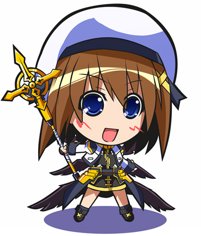 kajun, schwertkreuz, yagami hayate, lyrical nanoha, mahou shoujo lyrical nanoha, mahou shoujo lyrical nanoha strikers, lowres, 00s, 1girl, chibi, female focus, hair ornament, solo, staff, x hair ornament