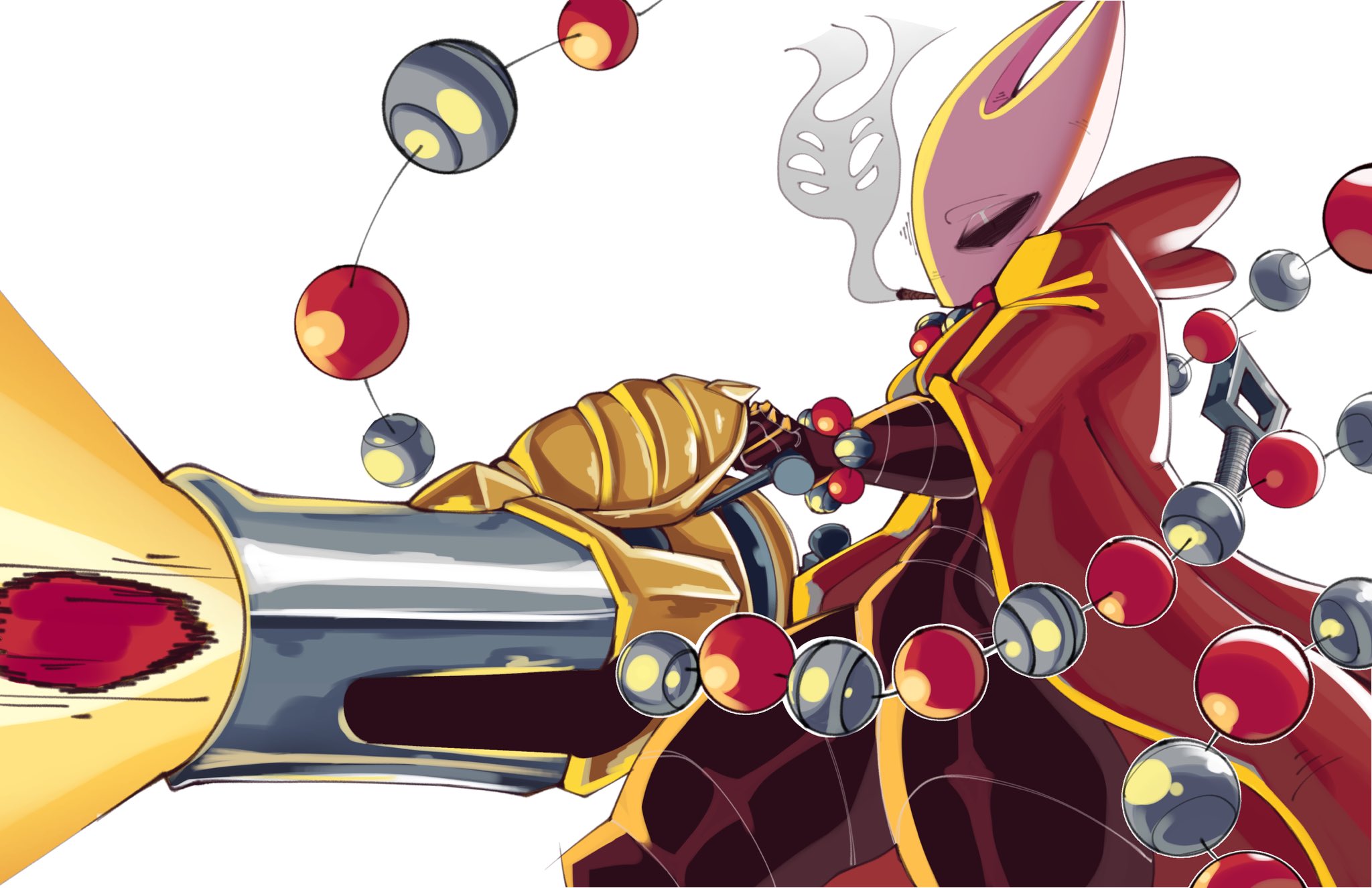 hornet (hollow knight), hollow knight, hollow knight: silksong, highres, 1girl, arthropod girl, cannon, cigarette, cloak, coat, gatling gun, gun, jewelry, mask, minigun, necklace, rosary, smoking, solo, talons tw, thick thighs, thighs, weapon, white background