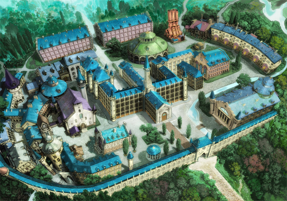 atelier (series), gust, mana khemia, mana khemia (series), building, dome, forest, from above, nature, no humans, scenery, school, tower
