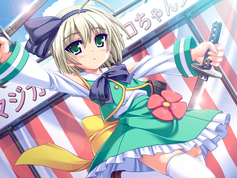akaza, konpaku youmu, saitou hatsune, gakuen shinsengumi, touhou, game cg, non-web source, 1girl, ahoge, blonde hair, blush, bow, cosplay, dual wielding, dutch angle, female focus, flower, green eyes, hairband, holding, katana, konpaku youmu (cosplay), lens flare, ribbon, school uniform, short hair, solo, sword, thighhighs, weapon, white hair, white thighhighs, zettai ryouiki