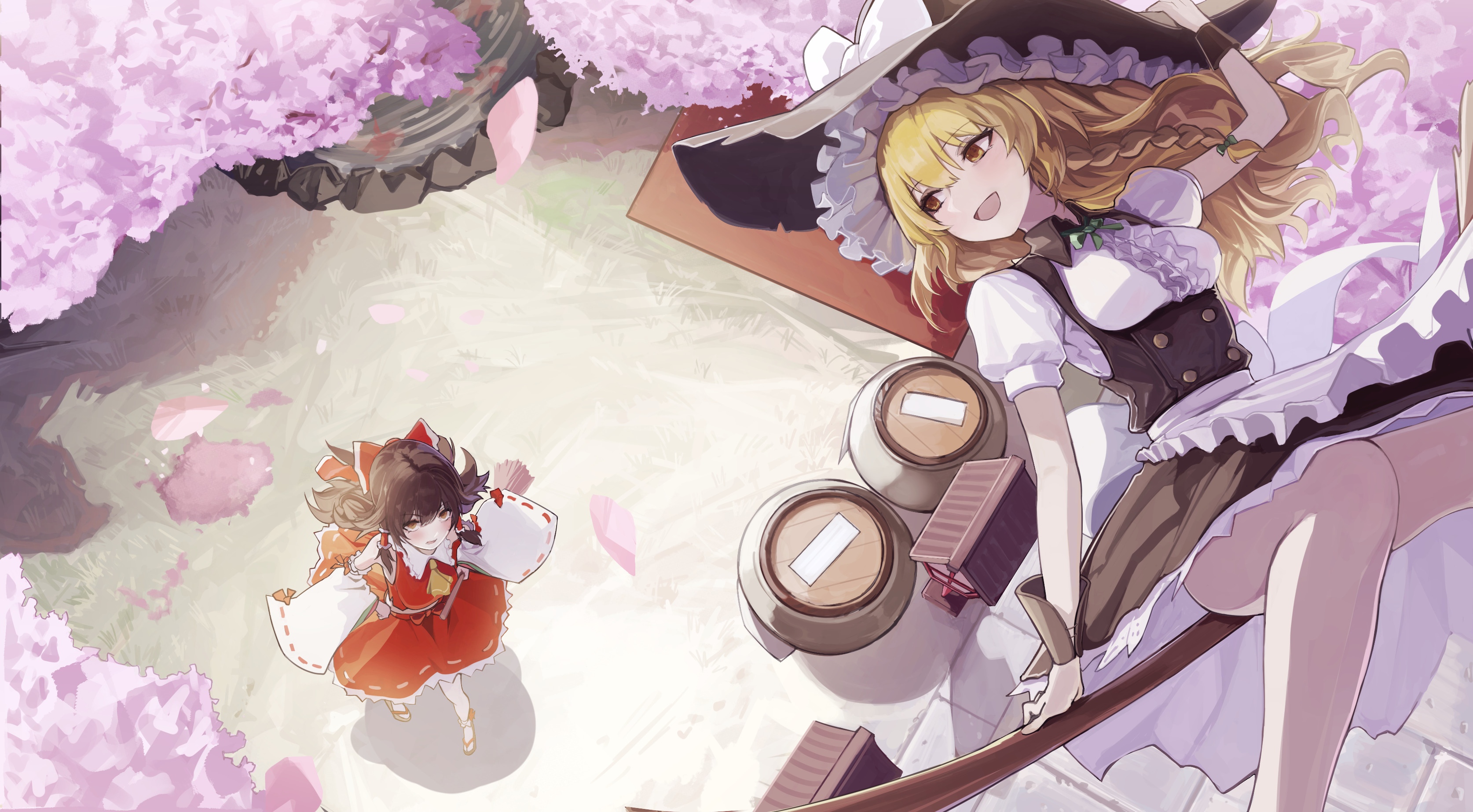 hakurei reimu, kirisame marisa, touhou, absurdres, commentary request, highres, 2girls, :d, apron, ascot, back bow, black hat, black vest, blonde hair, blush, bow, bowtie, bracer, braid, broom, broom riding, brown eyes, brown hair, buttons, cherry blossoms, collar, collared vest, detached sleeves, feet out of frame, flying, frilled apron, frilled shirt collar, frilled skirt, frills, from above, grass, green bow, green bowtie, hair bow, hair tubes, hand on headwear, hat, hat bow, holding, holding broom, knees, koi, lantern, long hair, looking at another, looking down, looking up, multiple girls, open mouth, outdoors, pavement, petticoat, pink petals, pond, pottery, quadrachan, red bow, red shirt, red skirt, sandals, shadow, shirt, short sleeves, single braid, skirt, smile, socks, thighs, tree, vest, white apron, white bow, white collar, white shirt, white sleeves, white socks, witch hat, wooden lantern, yellow ascot, yellow eyes