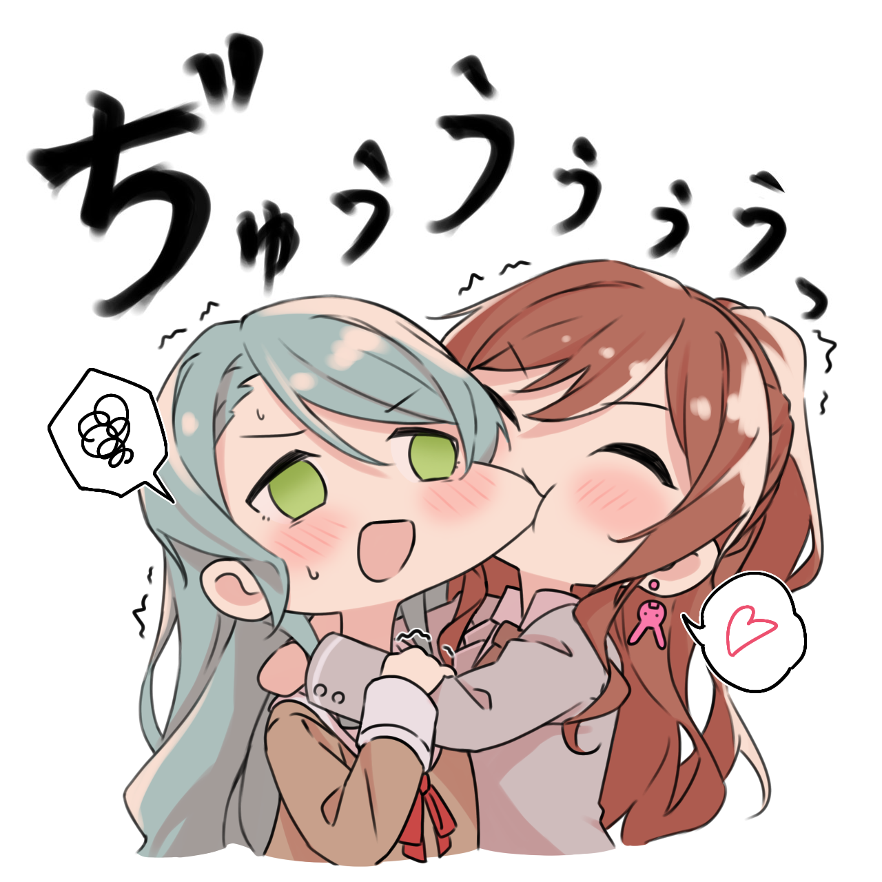 kanade (kanade 3344), hikawa sayo, imai lisa, bang dream!, commentary, highres, 2girls, aqua hair, biting, biting cheek, blush, brown hair, brown necktie, closed eyes, green eyes, grey jacket, hanasakigawa school uniform, haneoka school uniform, heart, jacket, long hair, long sleeves, multiple girls, necktie, open mouth, school uniform, sidelocks, simple background, spoken heart, sweatdrop, trembling, white background
