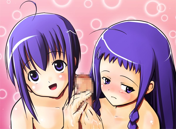 ayase yue, miyazaki nodoka, mahou sensei negima!, looking away, 00s, 2girls, ahoge, bare arms, bare shoulders, blush, braid, censored, cum, cum on body, cum on hands, embarrassed, handjob, happy, long hair, looking at another, matching hair/eyes, multiple girls, open mouth, penis, penis grab, pink background, purple eyes, purple hair, short hair, shy, smile