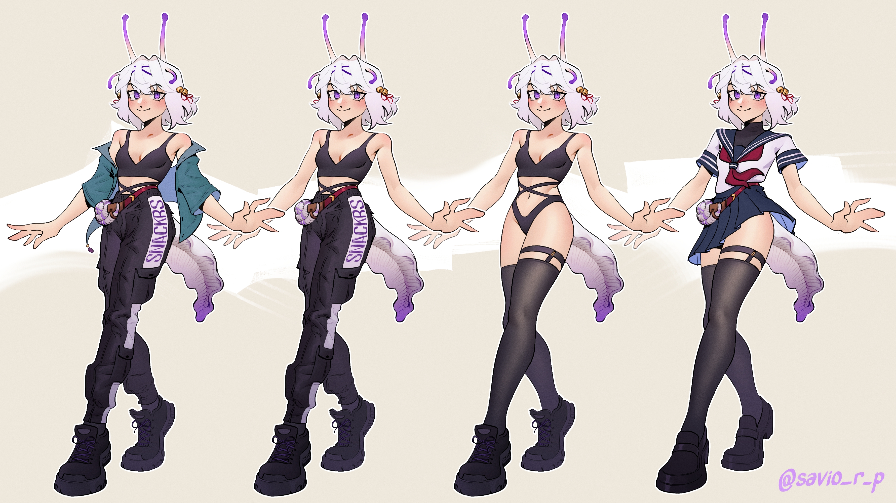 filian (vtuber), indie virtual youtuber, absurdres, commentary, english commentary, highres, 1girl, alternate costume, alternate species, antennae, aqua jacket, bell, black bodysuit, black pants, black shoes, black sports bra, black thighhighs, blue sailor collar, blue skirt, blush, bodysuit, bodysuit under clothes, breasts, closed mouth, clothes writing, collared shirt, eyelashes, fanny pack, full body, hair bell, hair ornament, jacket, midriff, multiple views, navel, neckerchief, off shoulder, open clothes, open jacket, outstretched arms, pants, purple eyes, red neckerchief, sailor collar, savio r p, school uniform, serafuku, shirt, shoelaces, shoes, short sleeves, skirt, smile, snail girl, sports bra, spread arms, stomach, tail, thighhighs, twitter username, virtual youtuber, white hair, white shirt