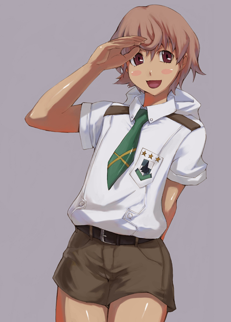 ippo, luca angeloni, macross, macross frontier, uniform, 00s, 1boy, belt, blush, brown eyes, brown hair, male focus, salute, short hair, shorts, simple background, smile, solo