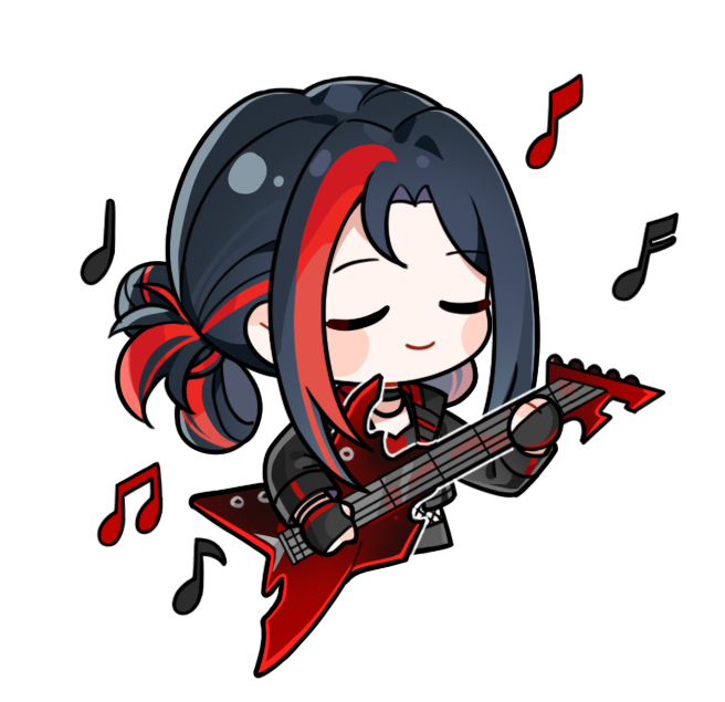 infinity nikki, nikki (series), artist request, official art, 1girl, black choker, black gloves, black hair, black jacket, black shirt, black skirt, blush stickers, choker, closed eyes, closed mouth, collared jacket, counterflow concerto (infinity nikki), crop top, cropped legs, electric guitar, fingerless gloves, fishnets, gloves, guitar, hair rings, happy, hat, instrument, jacket, leather, leather jacket, long sleeves, multicolored hair, music, musical note, neck, open clothes, open jacket, peaked cap, playing guitar, playing instrument, punk, red hair, red shirt, shirt, sidelocks, skirt, smile, solo, streaked hair, transparent background, two-tone hair, two-tone shirt