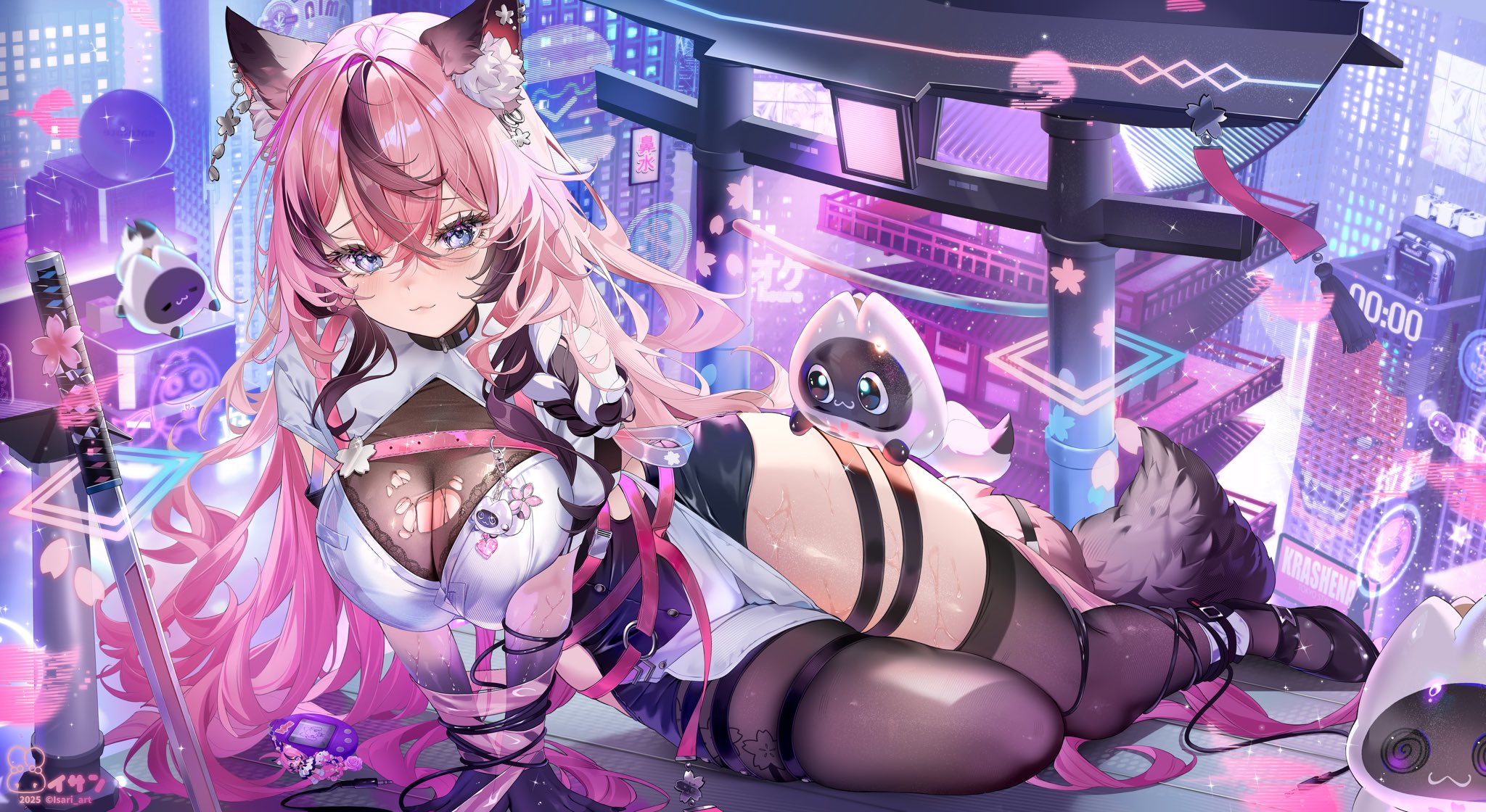 isari sensei, indie virtual youtuber, commission, highres, 1girl, animal ear fluff, animal ears, asymmetrical legwear, black hair, black shoes, breasts, building, cleavage, closed mouth, fox ears, fox girl, fox tail, grey eyes, katana, long hair, multicolored hair, pink hair, sachi mizora (vtuber), shoes, single leg pantyhose, single thighhigh, streaked hair, sword, tail, thigh strap, thighhighs, torii, torn clothes, virtual youtuber, weapon