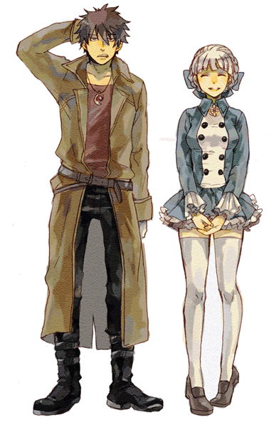 alice elliot, yuri hyuga, shadow hearts, black footwear, silver hair, 1boy, 1girl, :d, ^ ^, arm at side, belt, black eyes, black pants, blue skirt, boots, bow, braid, brooch, brown hair, buttons, closed eyes, d:, frilled skirt, frilled sleeves, frills, full body, hair bow, hand on own head, jewelry, legs apart, long coat, long sleeves, looking at viewer, magatama, miniskirt, open mouth, pants, pendant, pigeon-toed, shirt, simple background, skirt, smile, standing, t-shirt, thighhighs, v arms, white background, white thighhighs, zettai ryouiki