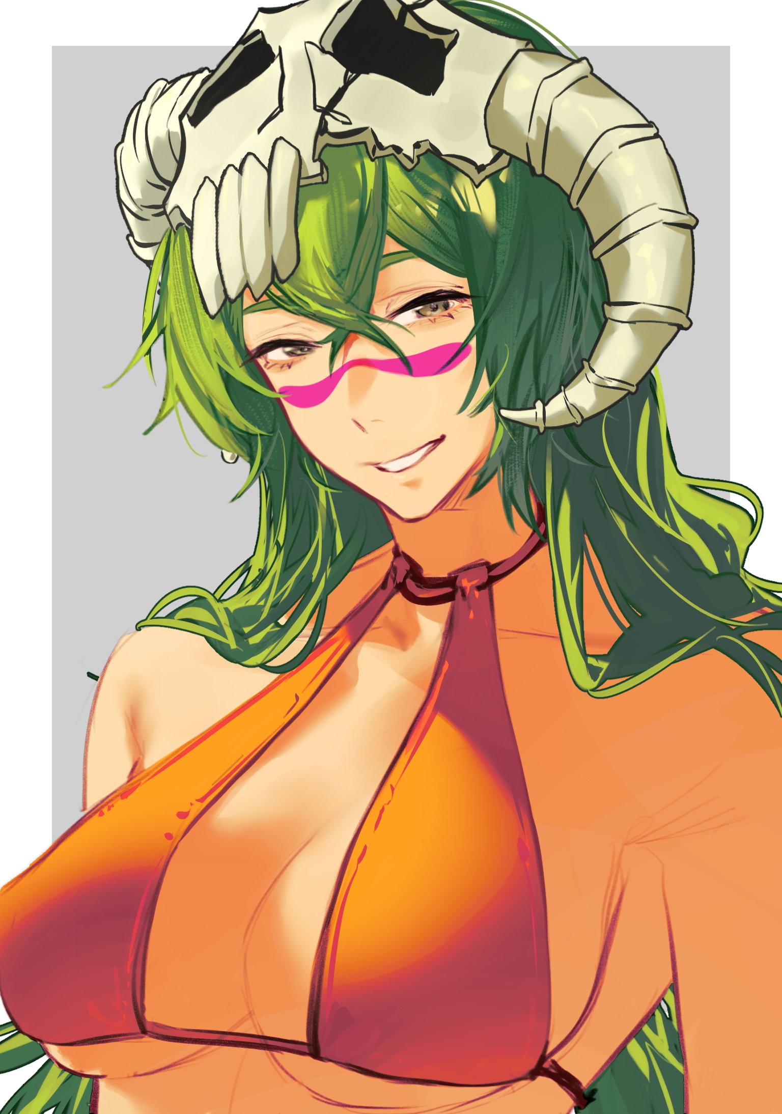 ihsekodwww, nelliel tu odelschwanck, bleach, highres, 1girl, bikini, breasts, cleavage, espada, green hair, large breasts, long hair, official alternate costume, solo, swimsuit, underboob